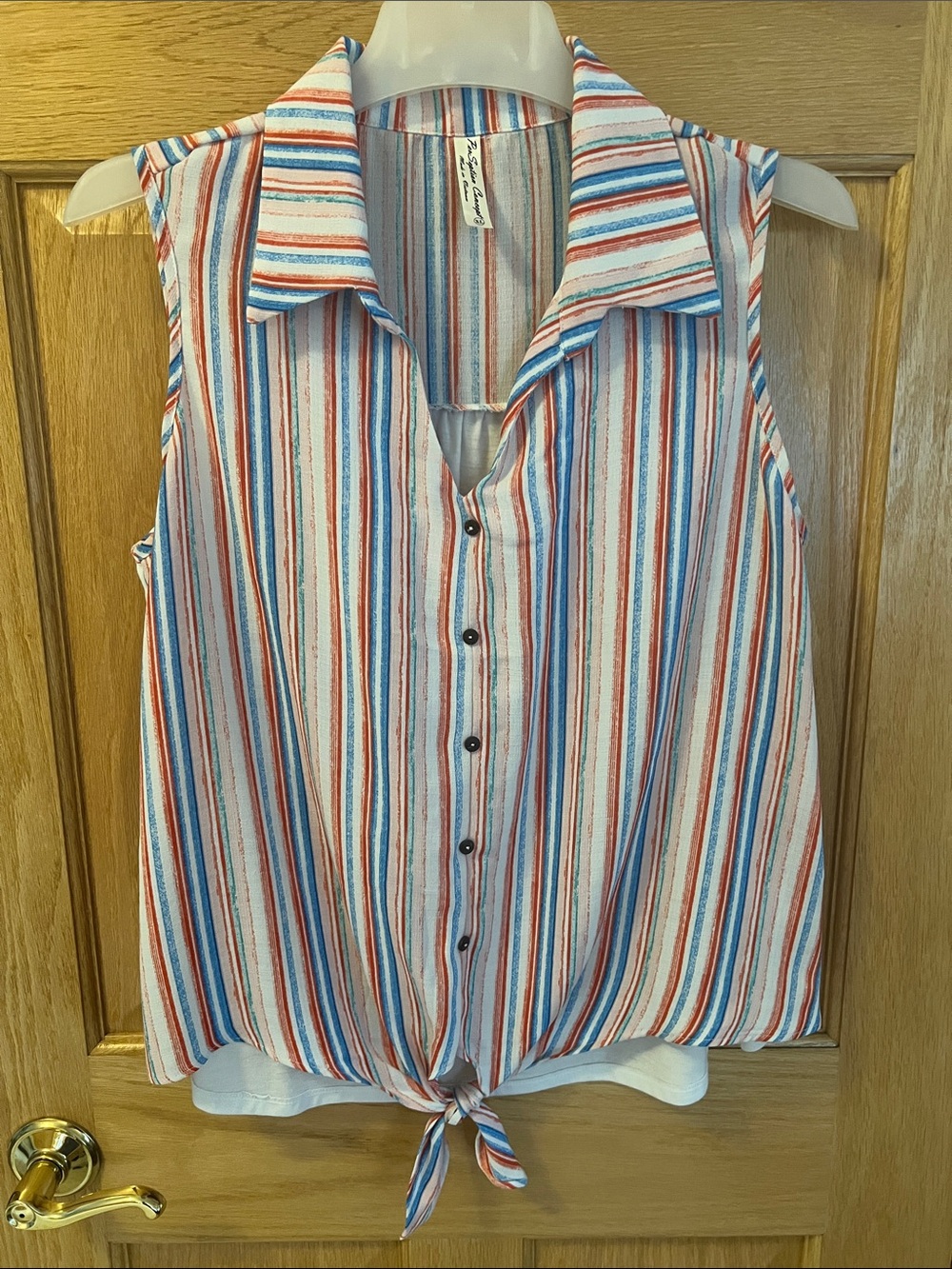 PerSeption Concept Striped Sleeveless Button Tie-Front Top - Red, Blue & White